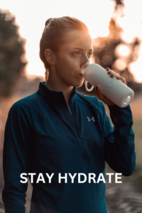 A woman drinking water from a white cup