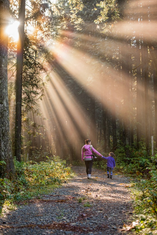 A woman is thankful to walk in forest with child