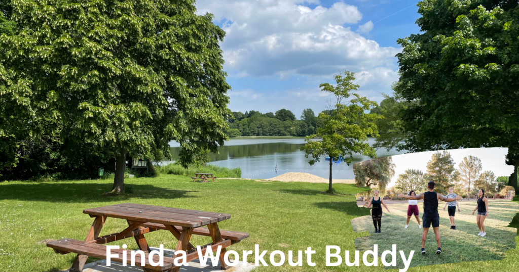 workout buddies exercise outside by tree and a lake