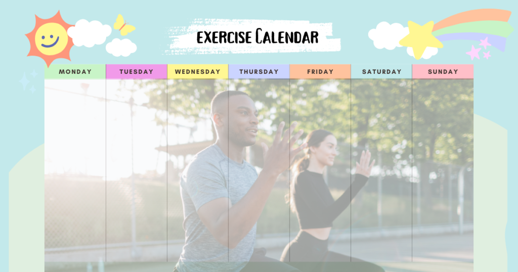 weekly exercise calendar with a picture of two people exercise