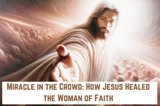 Jesus healed kneeling woman in crowd.