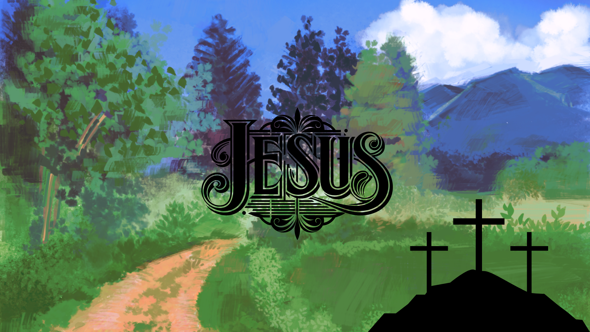 "Jesus is the Way, the Truth, and the Life depicted by a serene path through nature, three crosses on a hill, and the name "Jesus" in bold typography.