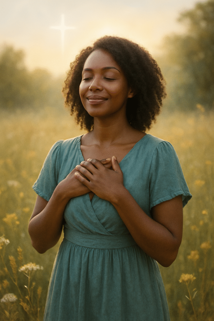 African American woman standing in a sunlit field with hands over her heart, smiling peacefully with eyes closed—expressing gratitude in every season through faith and joy.