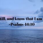 Peaceful ocean sunset with Psalm 46:10 overlay — feature image for faith blog on Bible Journaling Prompts and spiritual growth.