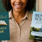 African American Sunday school teacher holding two attendance register books in a classroom