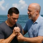 A pastor gently baptizes a young man in the ocean under a bright blue sky, with both standing in calm water and praying during the ceremony.