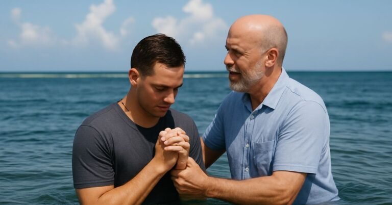 A pastor gently baptizes a young man in the ocean under a bright blue sky, with both standing in calm water and praying during the ceremony.