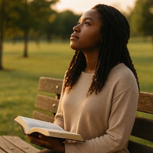 A Black woman sits on a park bench at sunrise holding an open Bible and looking toward the sky, reflecting faith, hope, and trust when God seems silent.