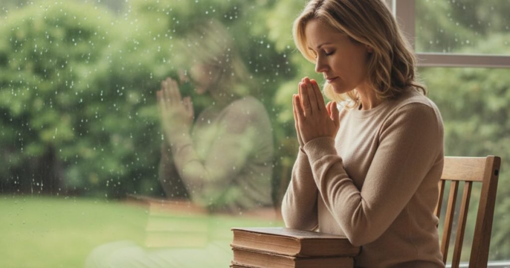 A woman prays quietly near a window, hands clasped, symbolizing faith, patience and hope during difficult times.
