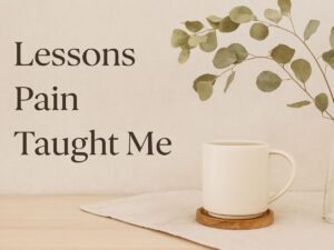 Calm still-life with mug and eucalyptus showing how God carried me and taught me lessons through pain