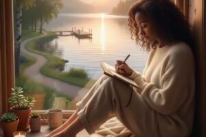 Encouragement for women: a woman journaling quietly by a window, watching the sunrise over a lake with plants and a mug.