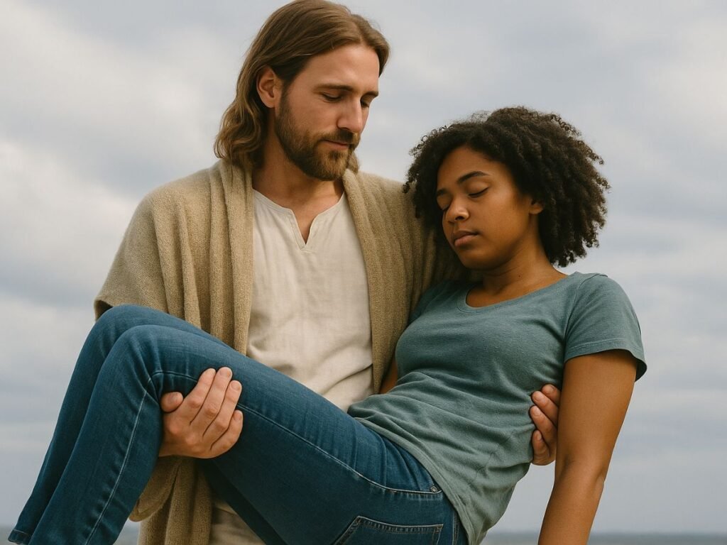 A woman resting in the arms of Jesus, symbolizing God’s care and support during seasons of weakness.