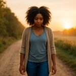 A Black woman walking along a peaceful path at sunrise, symbolizing how God carries you through a difficult season.