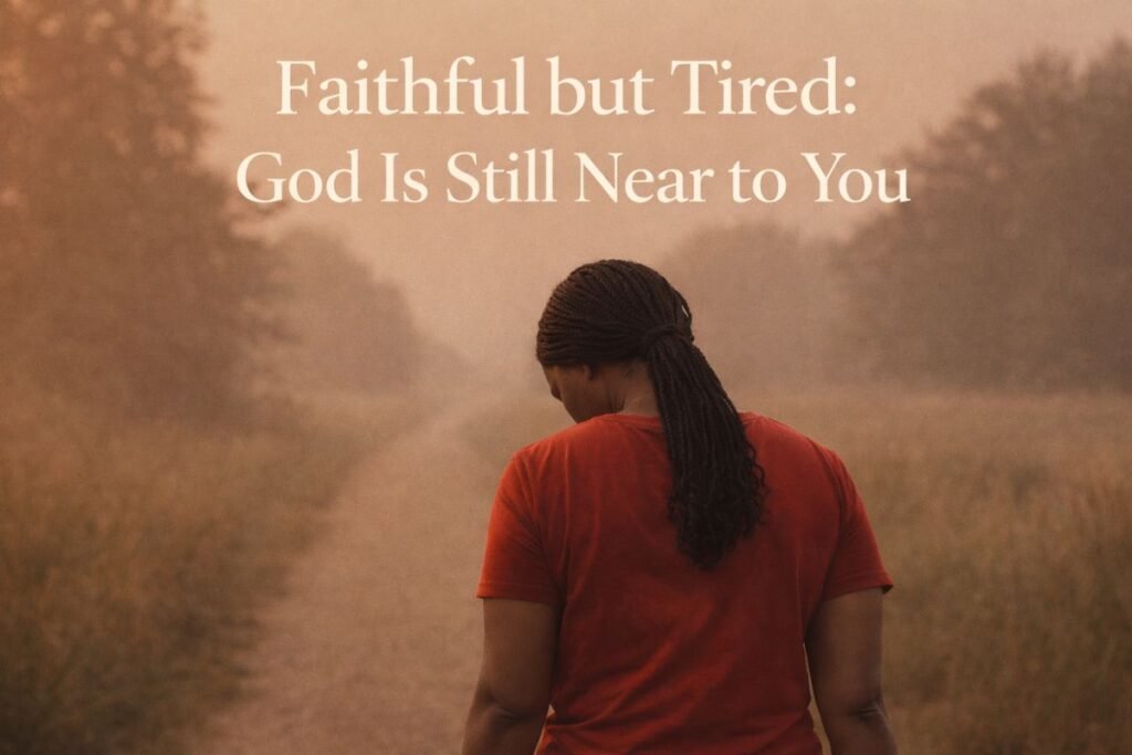 A faithful but tired woman walking alone on a quiet path at sunrise, symbolizing trust in God and hope during seasons of exhaustion.