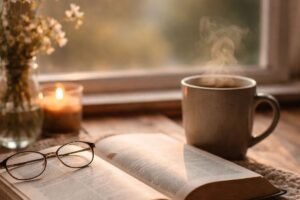 An open Bible beside a warm cup of coffee, symbolizing rest and strength for a faithful but tired heart during quiet moments with God.