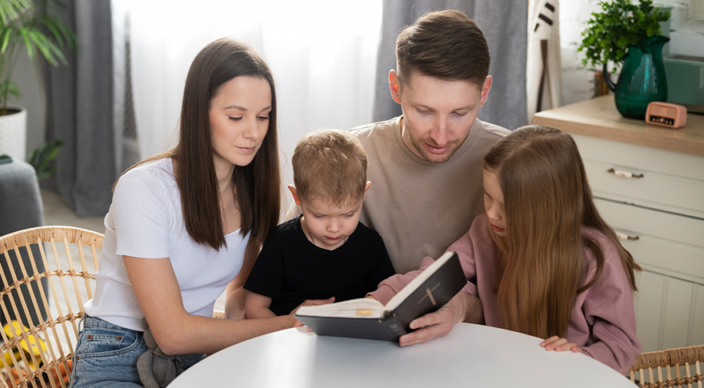 happy family reading bible book
