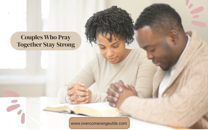 Praying for your family as a Christian couple bows their heads in prayer together over an open Bible, symbolizing faith, unity, love, and a strong marriage centered on God.