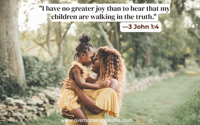 Praying for your family with love and faith as a Christian mother embraces her daughter alongside the encouraging Bible verse 3 John 1:4.