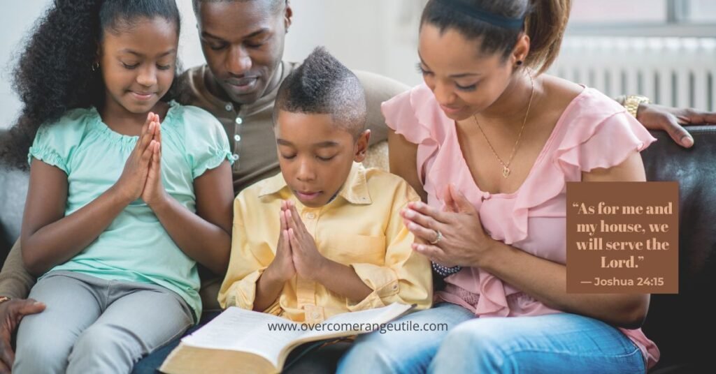 Family gathered together in prayer over an open Bible at home, representing Christian faith, unity, and praying for your family with Joshua 24:15 scripture encouragement.