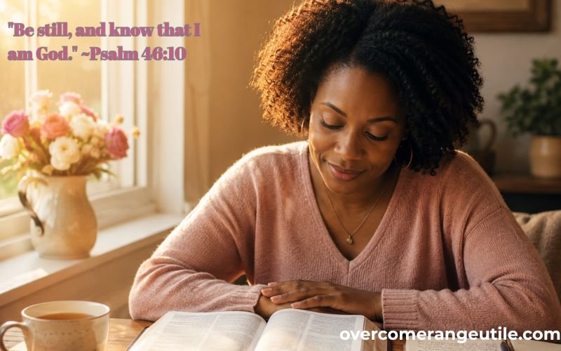 African American woman reading Bible in morning light with Psalm 46:10 how to hear God's voice