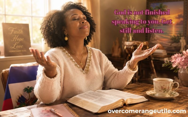 African American woman worshipping with open hands and Bible learning how to hear God's voice