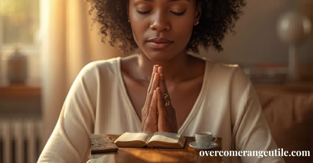 African American woman praying with open Bible learning how to hear God's voice